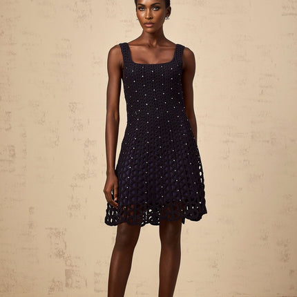Amy Mini Dress in Dark Blue Crochet Knit with Rhinestone Embellishments