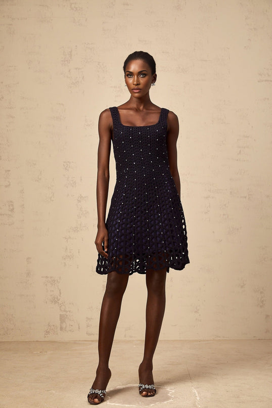 Amy Mini Dress in Dark Blue Crochet Knit with Rhinestone Embellishments