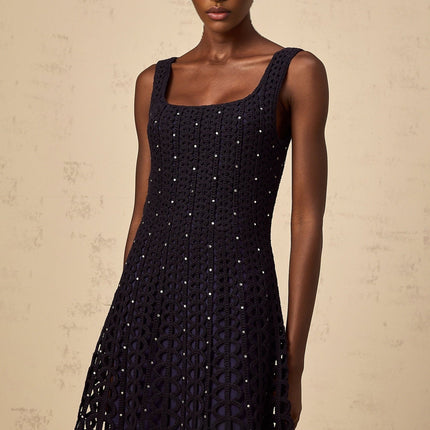Amy Mini Dress in Dark Blue Crochet Knit with Rhinestone Embellishments and Square Neck