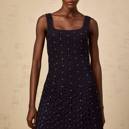Amy Mini Dress in Dark Blue Crochet-Knit with Rhinestone Embellishments