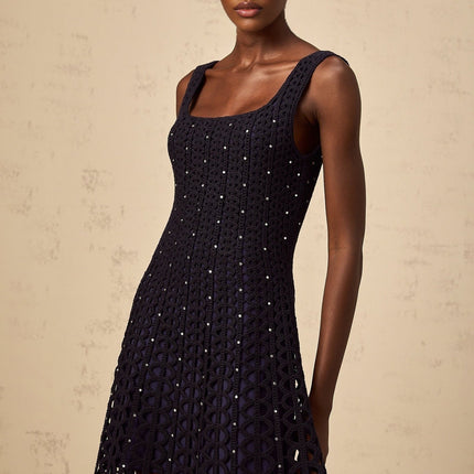 Amy Mini Dress in Dark Blue Crochet Knit with Rhinestone Embellishments