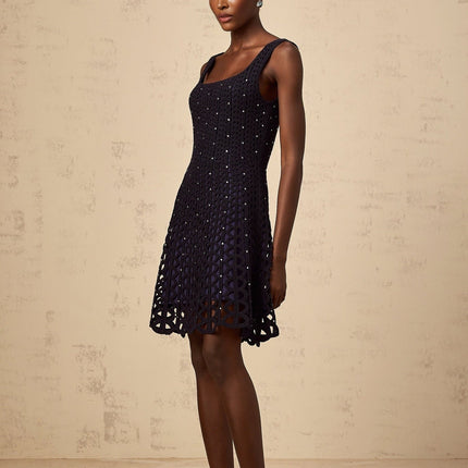 Amy Mini Dress in Dark Blue Crochet Knit with Rhinestone Embellishments