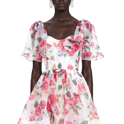Amy Pink Floral Print Mini Dress with Bow Detail