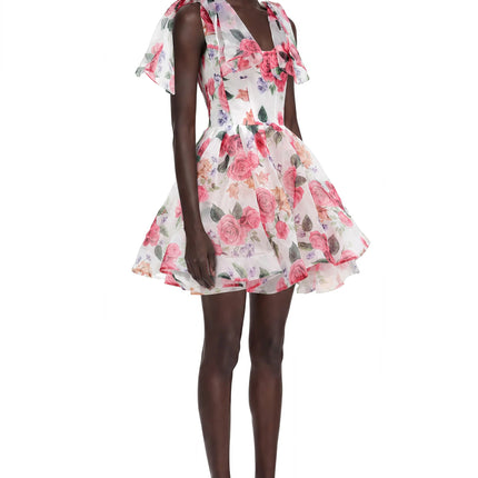 Amy Pink Floral Print Mini Dress with Bow Detail