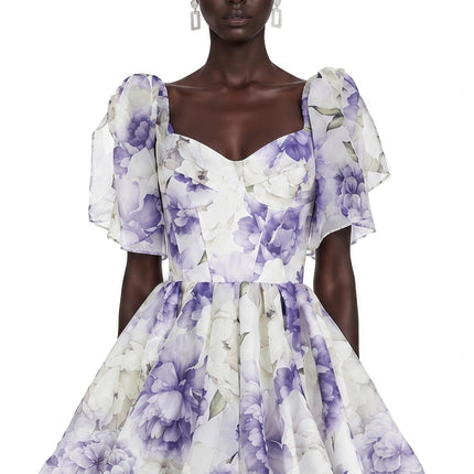 Amy Purple Floral Print Mini Dress with Bow Detail