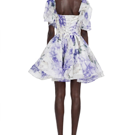 Amy Purple Floral Print Mini Dress with Bow Detail
