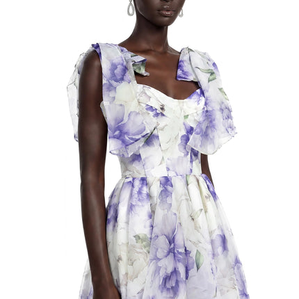 Amy Purple Floral Print Mini Dress with Bow Detail