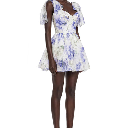Amy Purple Floral Print Mini Dress with Bow Detail