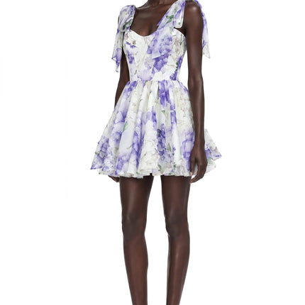 Amy Purple Floral Print Mini Dress with Bow Detail