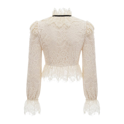 Anaelle off white blouse with bowknot detail and floral lace pattern