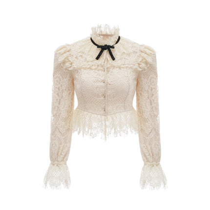 Anaelle off white blouse with bowknot detail and floral lace pattern