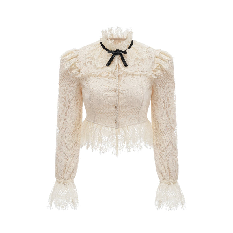 Anaelle off white blouse with bowknot detail and floral lace pattern