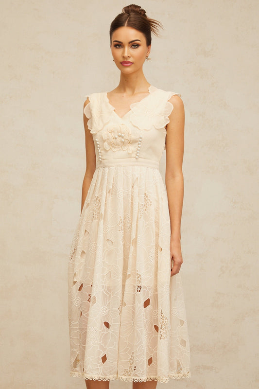 Anaïs neutrals beaded floralembroidered midi dress