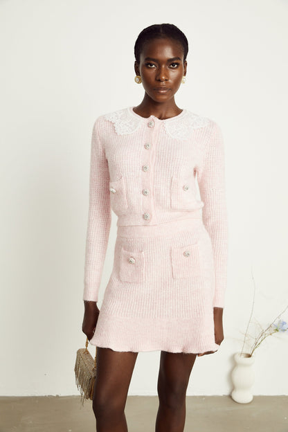 Anaïs pink ribbedknit cardigan  skirt matching set