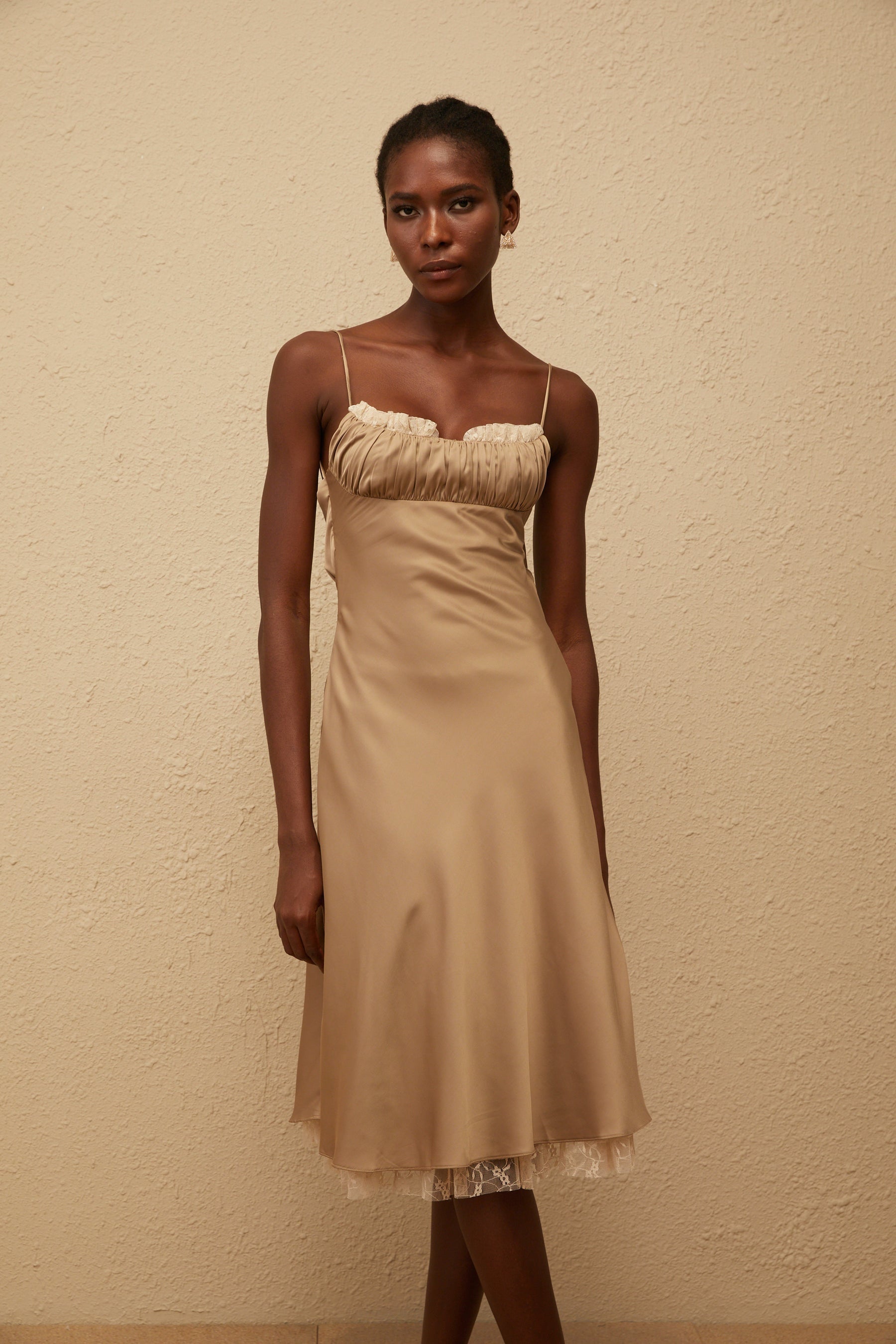 Ananias Khaki Lace Panel Satin Midi Dress
