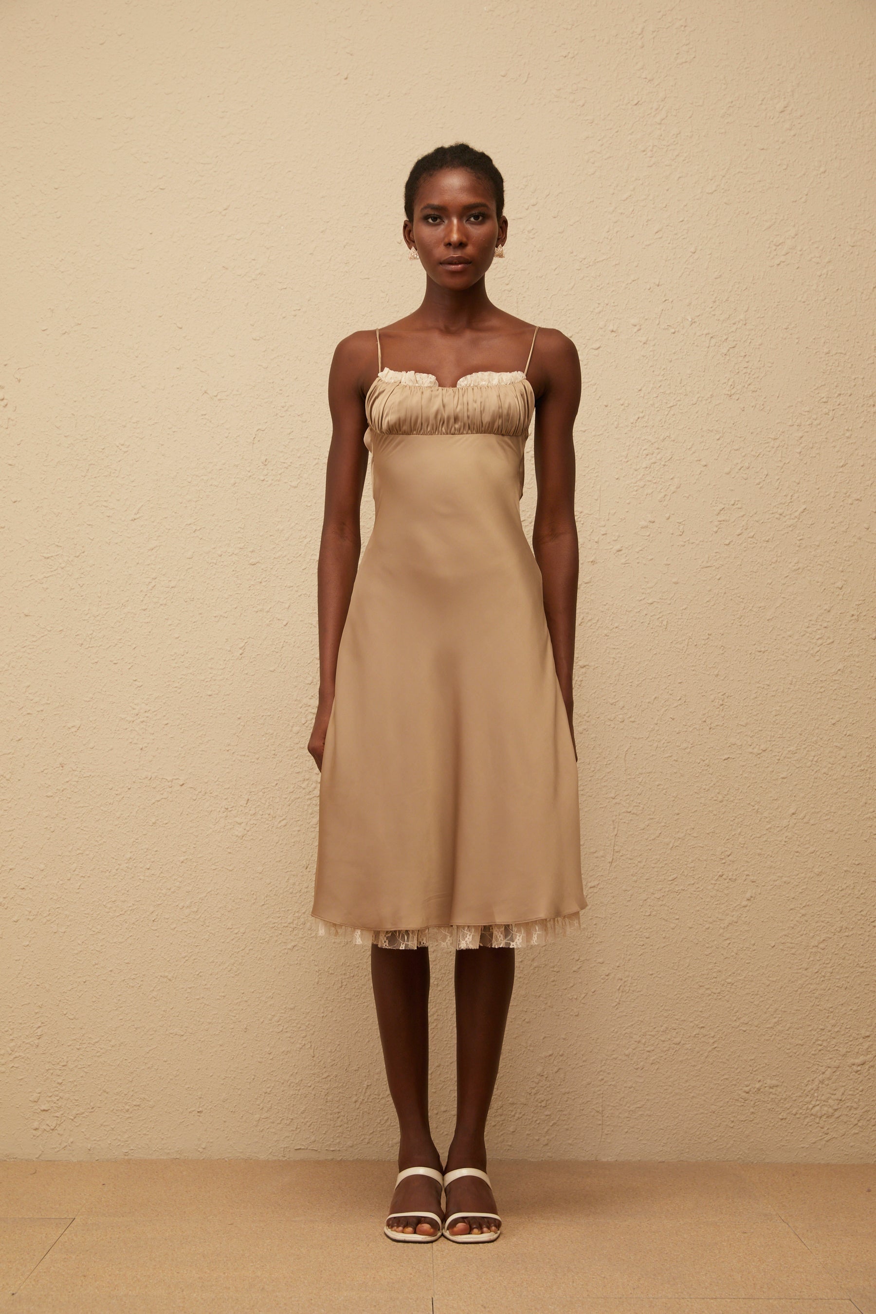 Ananias Khaki Lace Panel Satin Midi Dress