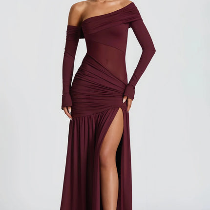 Anastasia Burgundy One Shoulder Gathered Maxi Dress