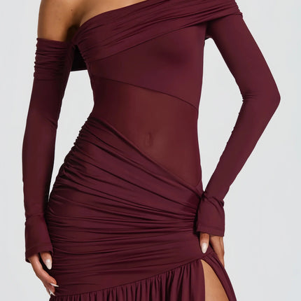 Anastasia Burgundy One Shoulder Gathered Maxi Dress