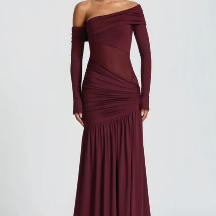 Anastasia Burgundy One Shoulder Gathered Maxi Dress