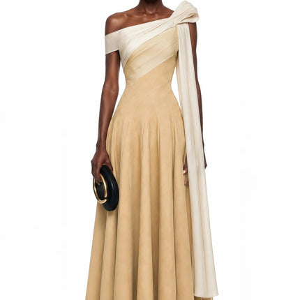 Anastasia Khaki Pleated Maxi Dress with TieWaist Bow Detail