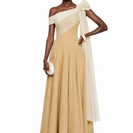 Anastasia Khaki Pleated Maxi Dress with TieWaist Bow Detail