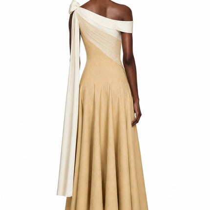 Anastasia Khaki Pleated Maxi Dress with TieWaist Bow Detail