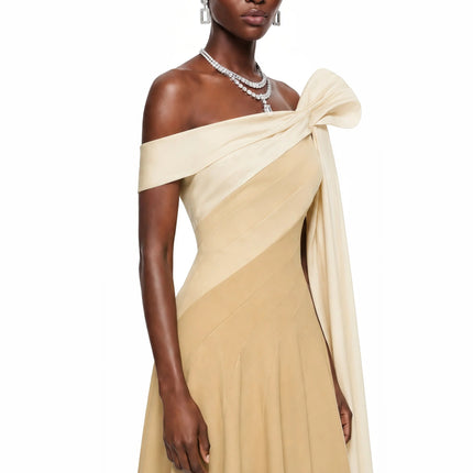 Anastasia Khaki Pleated Maxi Dress with TieWaist Bow Detail