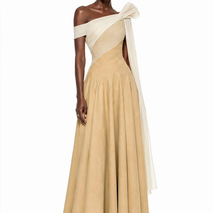 Anastasia Khaki Pleated Maxi Dress with TieWaist Bow Detail