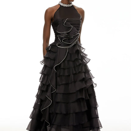 Anathi Black 3D Petal Ruffled Maxi Dress