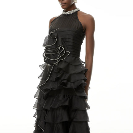 Anathi Black 3D Petal Ruffled Maxi Dress