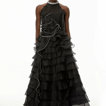 Anathi Black 3D Petal Ruffled Maxi Dress