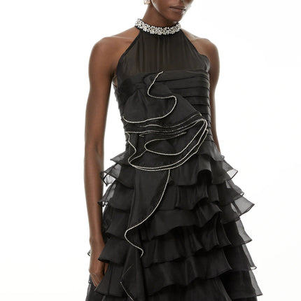 Anathi Black 3D Petal Ruffled Maxi Dress