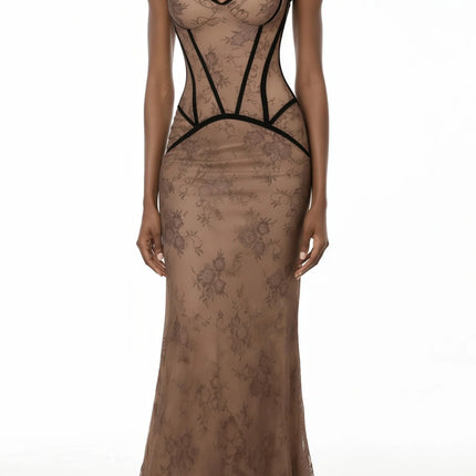 Anathi Brown Floral Lace Corset Maxi Gown