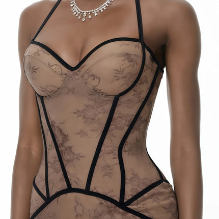 Anathi Brown Floral Lace Corset Maxi Gown
