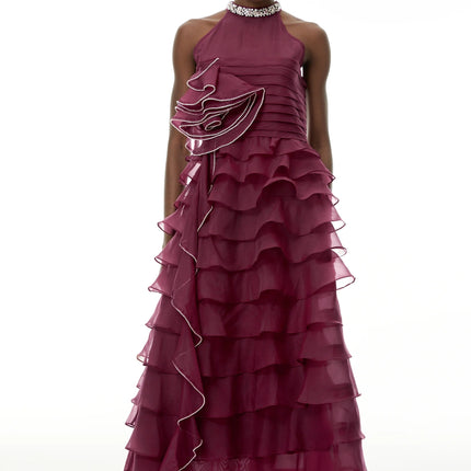 Anathi Red 3D Petal Ruffled Maxi Dress