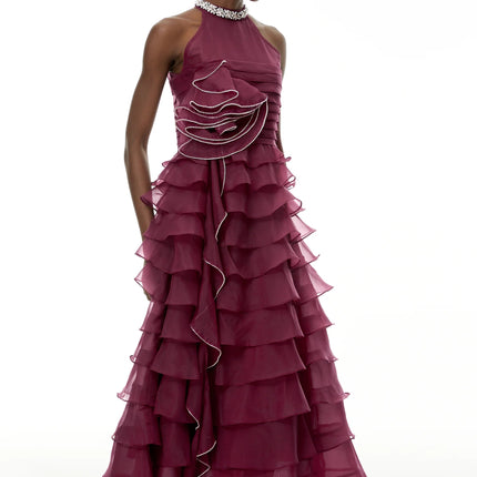 Anathi Red 3D Petal Ruffled Maxi Dress