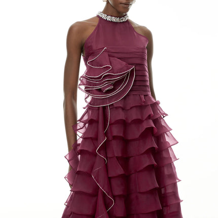 Anathi Red 3D Petal Ruffled Maxi Dress