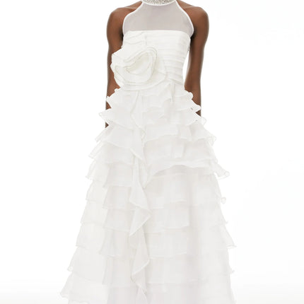 Anathi White 3D Petal Ruffled Maxi Dress