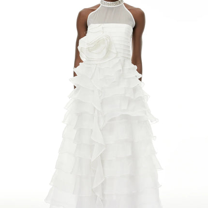 Anathi White 3D Petal Ruffled Maxi Dress