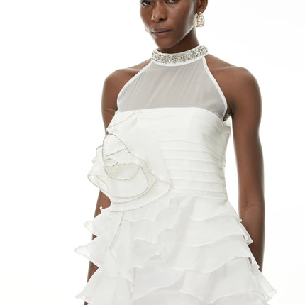 Anathi White 3D Petal Ruffled Maxi Dress