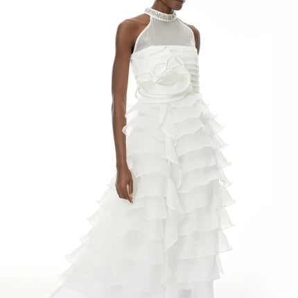 Anathi White 3D Petal Ruffled Maxi Dress