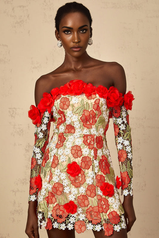 Anaya Womens Red Rose Appliqué Embroidered Mini Dress
