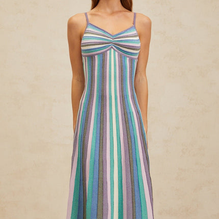 Andrea Blue Multicolor Striped Midi Dress with Metallic Threading V-Neckline Spaghetti Straps Pleated Ruched Detailing Slip-On Style Luxurious Blend of Viscose and Polyamide