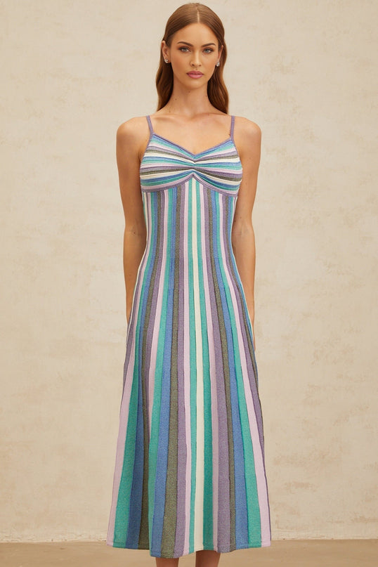 Andrea Blue Multicolor Striped Midi Dress with Metallic Threading V-Neckline Spaghetti Straps Pleated Ruched Detailing Slip-On Style Luxurious Blend of Viscose and Polyamide