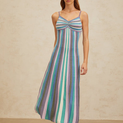 Andrea Blue Multicolor Striped Midi Dress with Metallic Threading V-Neckline and Spaghetti Straps