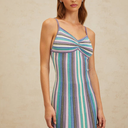 Andrea Blue Multicolor Striped Midi Dress with Metallic Threading V-Neckline Sleeveless Spaghetti Straps Pleated Ruched Detailing Slip-On Style Luxurious Blend of Viscose and Polyamide