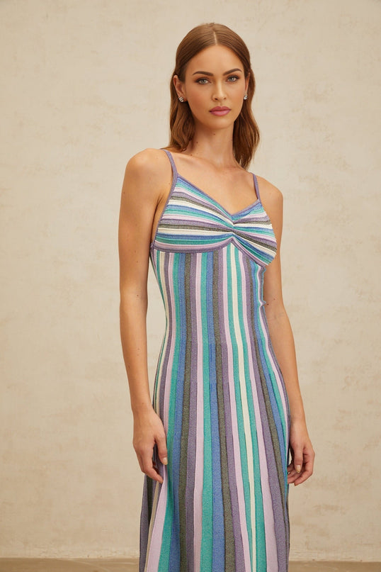 Andrea Blue Multicolor Striped Midi Dress with Metallic Threading V-Neckline Sleeveless Spaghetti Straps Pleated Ruched Detailing Slip-On Style Luxurious Blend of Viscose and Polyamide
