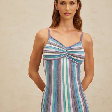 Andrea Blue Multicolor Striped Metallic Threaded Midi Dress V-Neck Sleeveless Spaghetti Straps Pleated Ruched Textured Luxurious Blend Slip-On Chicness