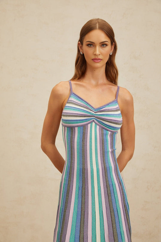 Andrea Blue Multicolor Striped Metallic Threaded Midi Dress V-Neck Sleeveless Spaghetti Straps Pleated Ruched Textured Luxurious Blend Slip-On Chicness