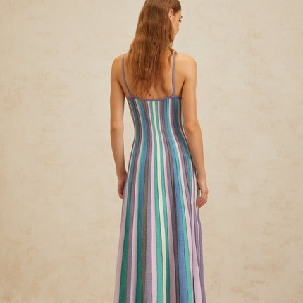 Andrea Blue Striped Metallic Knit Midi Dress V-Neck Sleeveless Spaghetti Straps Pleated Ruched Detailing Luxurious Blend Slip-On Chic